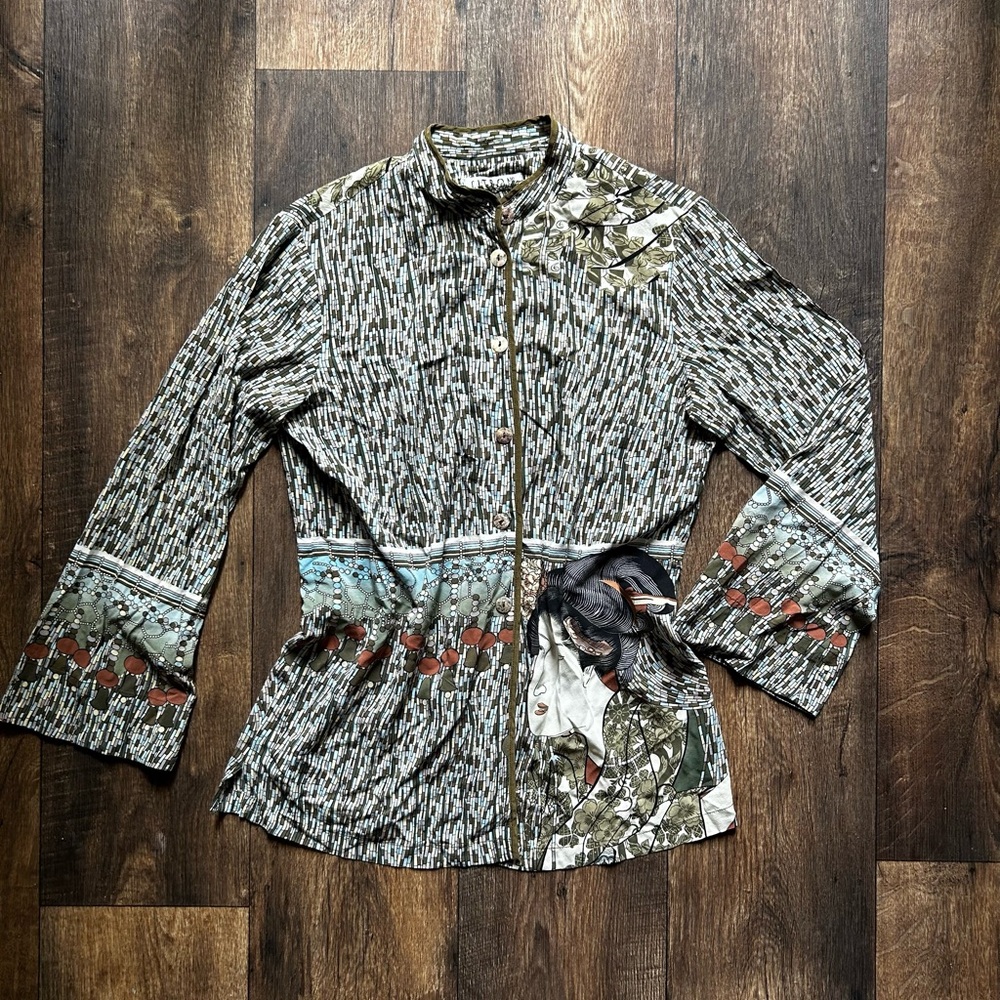 Citron Geisha Print Silk Shirt